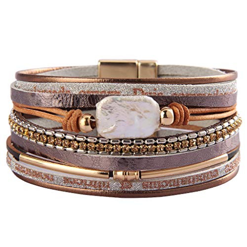 AZORA Baroque Pearl Leather Cuff Bracelet for Women Multi-Layer Leather Wrap Bracelet Magnetic Clasp Cuff Bangle Jewelry Bracelets for Girls Teens