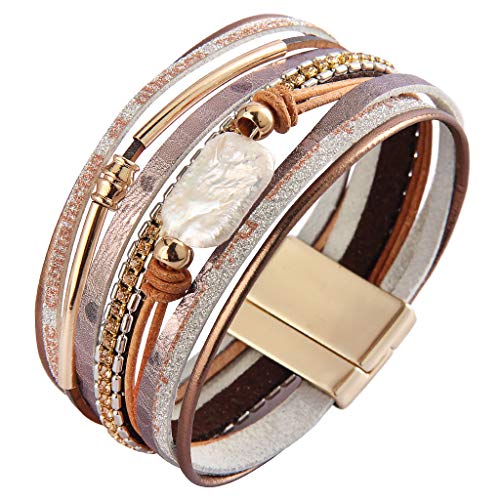 AZORA Baroque Pearl Leather Cuff Bracelet for Women Multi-Layer Leather Wrap Bracelet Magnetic Clasp Cuff Bangle Jewelry Bracelets for Girls Teens