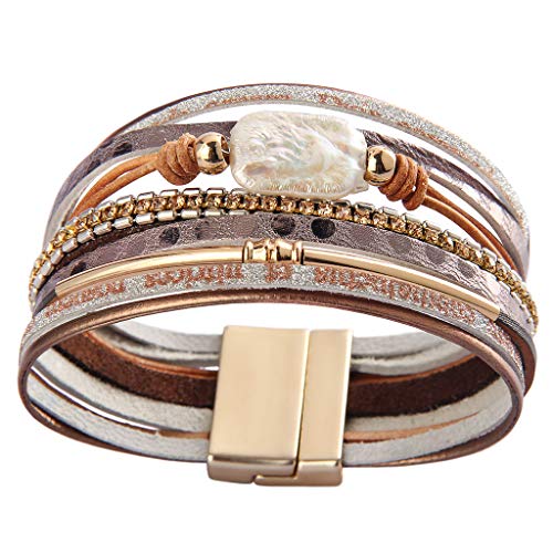 AZORA Baroque Pearl Leather Cuff Bracelet for Women Multi-Layer Leather Wrap Bracelet Magnetic Clasp Cuff Bangle Jewelry Bracelets for Girls Teens