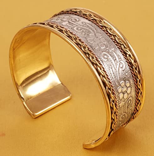 Touchstone NEW Indian Bollywood Desire Beautifully Created Floral Braided Patterns Stylish Wrist Enhancer 1 Inch Free Size Designer Jewelry Cuff Bracelet in Gold Silver Tones for Women.