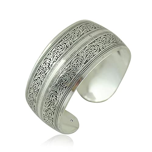 BODYA Tibeten Silver Carved Spiral Flower Connecting Branches Pattern Wide Band Open Cuff Bracelet Bangle for Adult
