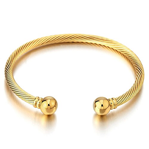 COOLSTEELANDBEYOND Elastic Adjustable Twisted Wire Stainless Steel Bangle Cuff Bracelet for Mens Women Gold Color