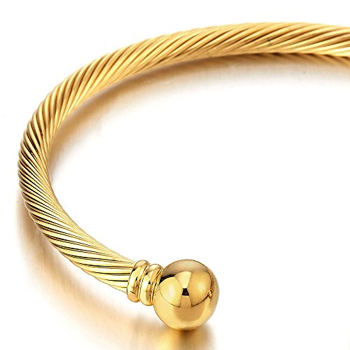 COOLSTEELANDBEYOND Elastic Adjustable Twisted Wire Stainless Steel Bangle Cuff Bracelet for Mens Women Gold Color