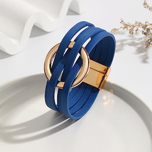 Fuqimanman2020 Circle Charm Leather Wrap Bracelet Boho Handmade Layered Cuff Bracelets for Women Bohemian Multi Strand Bangle Bracelets Holiday Jewelry Gift-blue