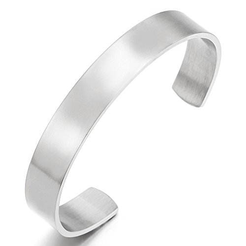 COOLSTEELANDBEYOND 19CM Stainless Steel Adjustable Cuff Bangle Bracelet for Men Women Minimalist Satin Silver Color