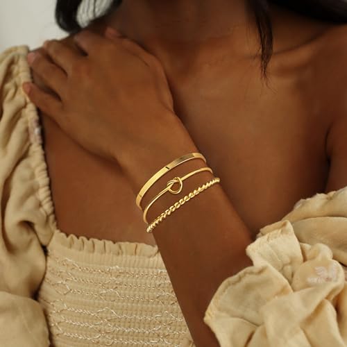 Picuzzy Gold Bracelets for Women, Dainty 14k Gold Bangle Bracelets for Women Trendy 3pcs Adjustable Real Gold Bracelet Stack Gold Cuff Bracelet Waterproof Gold Jewelry for Women Christmas Gift