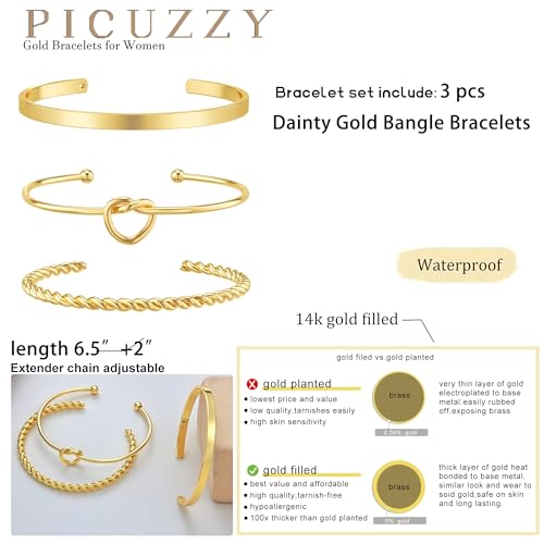 Picuzzy Gold Bracelets for Women, Dainty 14k Gold Bangle Bracelets for Women Trendy 3pcs Adjustable Real Gold Bracelet Stack Gold Cuff Bracelet Waterproof Gold Jewelry for Women Christmas Gift