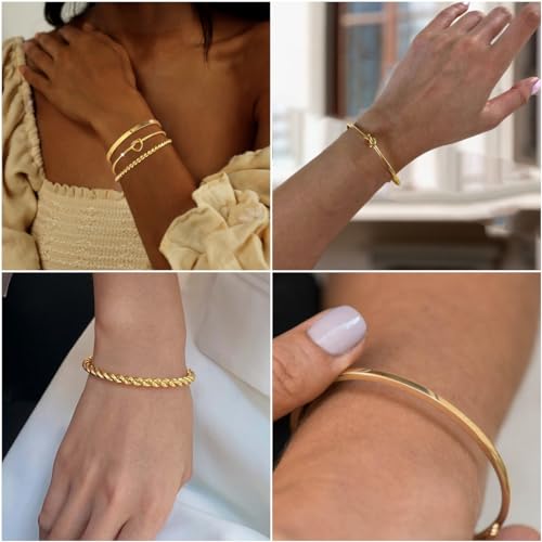 Picuzzy Gold Bracelets for Women, Dainty 14k Gold Bangle Bracelets for Women Trendy 3pcs Adjustable Real Gold Bracelet Stack Gold Cuff Bracelet Waterproof Gold Jewelry for Women Christmas Gift