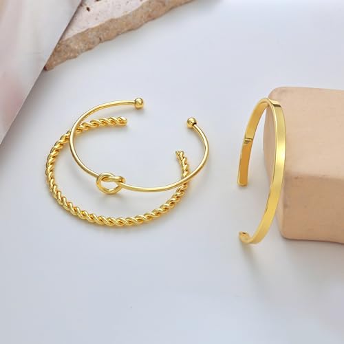Picuzzy Gold Bracelets for Women, Dainty 14k Gold Bangle Bracelets for Women Trendy 3pcs Adjustable Real Gold Bracelet Stack Gold Cuff Bracelet Waterproof Gold Jewelry for Women Christmas Gift
