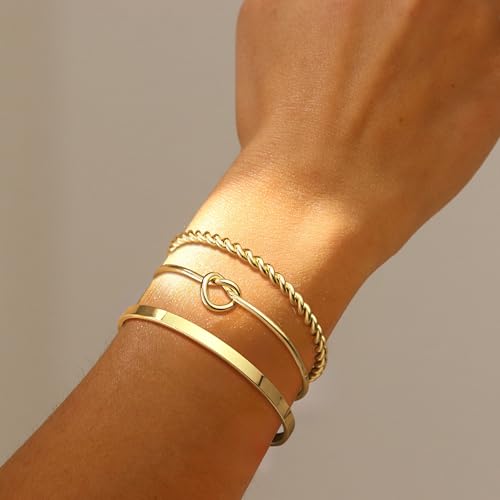 Picuzzy Gold Bracelets for Women, Dainty 14k Gold Bangle Bracelets for Women Trendy 3pcs Adjustable Real Gold Bracelet Stack Gold Cuff Bracelet Waterproof Gold Jewelry for Women Christmas Gift