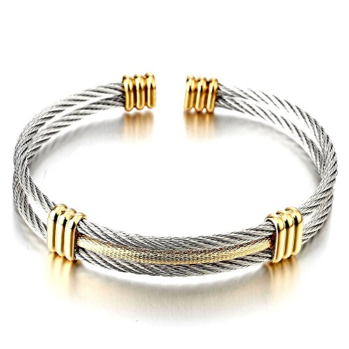 COOLSTEELANDBEYOND Men Women Stainless Steel Twisted Cable Adjustable Cuff Bangle Bracelet Gold Silver Two-tone
