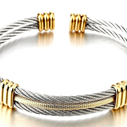 COOLSTEELANDBEYOND Men Women Stainless Steel Twisted Cable Adjustable Cuff Bangle Bracelet Gold Silver Two-tone