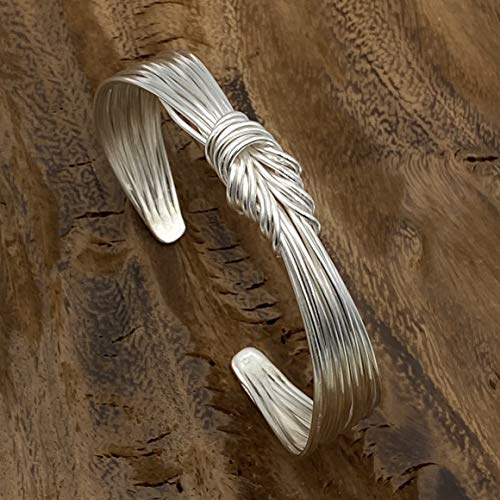 Handmade Sterling Silver Knot Cuff Bracelet, Tied White Silver Strings Minimalist Adjustable Cuff, Gift for Her