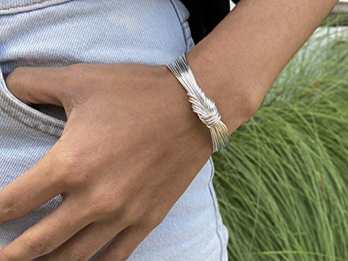 Handmade Sterling Silver Knot Cuff Bracelet, Tied White Silver Strings Minimalist Adjustable Cuff, Gift for Her