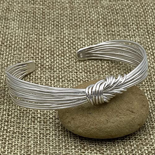 Handmade Sterling Silver Knot Cuff Bracelet, Tied White Silver Strings Minimalist Adjustable Cuff, Gift for Her