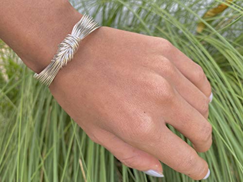 Handmade Sterling Silver Knot Cuff Bracelet, Tied White Silver Strings Minimalist Adjustable Cuff, Gift for Her