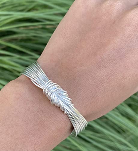 Handmade Sterling Silver Knot Cuff Bracelet, Tied White Silver Strings Minimalist Adjustable Cuff, Gift for Her