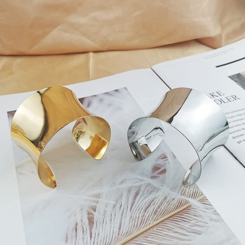 Pingyongchang 2 Pcs Cuff Bangle Bracelet for Women Open Wide Wire Bracelets Set Gold Wrist Cuff Wrap Bracelet Adjustable Classic Bohemia Birthday Gift (Short Silver)