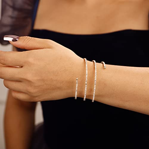YERTTER 3-Row Silver Full Rhinestone Crystal Stretch Bangle Bracelet Tiny Tennis Chain Cuff Bridal Bangle Bracelet Wedding Jewelry Gift for Women Girls (Style C -Silver)