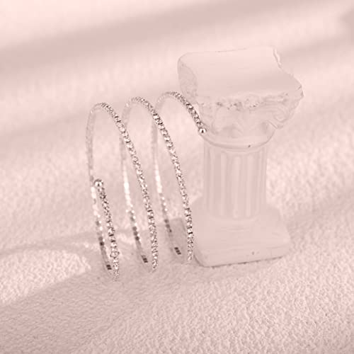 YERTTER 3-Row Silver Full Rhinestone Crystal Stretch Bangle Bracelet Tiny Tennis Chain Cuff Bridal Bangle Bracelet Wedding Jewelry Gift for Women Girls (Style C -Silver)