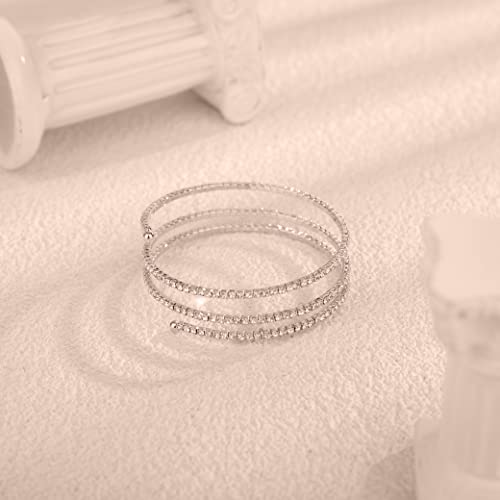 YERTTER 3-Row Silver Full Rhinestone Crystal Stretch Bangle Bracelet Tiny Tennis Chain Cuff Bridal Bangle Bracelet Wedding Jewelry Gift for Women Girls (Style C -Silver)