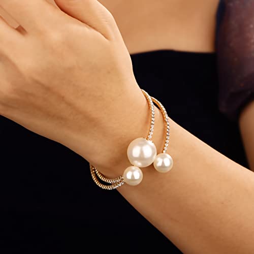 YERTTER 3-Row 3 Pearl Gold Full Rhinestone Crystal Pearl Open Bangle Bracelet Tennis Chain Cuff 1920s Pearl Cuff Bridal Bangle Bracelet Wedding Hand Chain Gift for Women Girls (Style B-Gold)