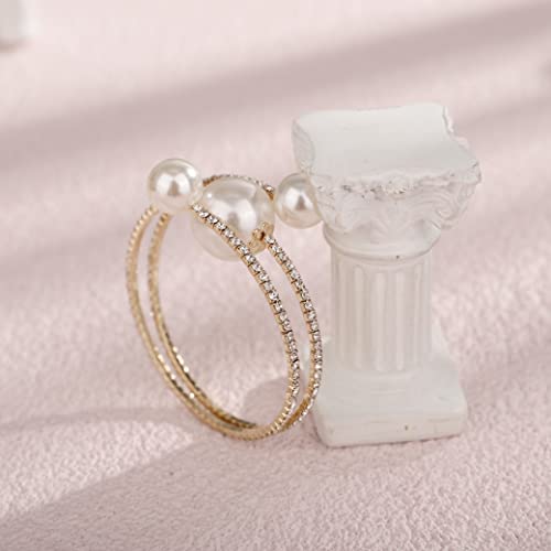 YERTTER 3-Row 3 Pearl Gold Full Rhinestone Crystal Pearl Open Bangle Bracelet Tennis Chain Cuff 1920s Pearl Cuff Bridal Bangle Bracelet Wedding Hand Chain Gift for Women Girls (Style B-Gold)