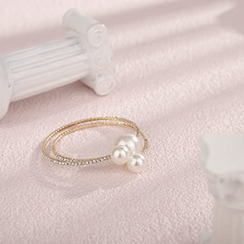 YERTTER 3-Row 3 Pearl Gold Full Rhinestone Crystal Pearl Open Bangle Bracelet Tennis Chain Cuff 1920s Pearl Cuff Bridal Bangle Bracelet Wedding Hand Chain Gift for Women Girls (Style B-Gold)