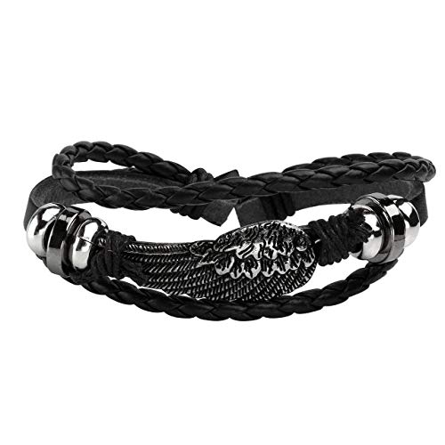 Mafnee 6PCS Braided PU Leather Bracelet Punk Cuff Wrap Bracelets for Men Women Adjustable Black