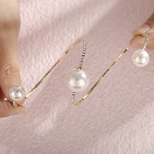 YERTTER 3-Row 3 Pearl Gold Full Rhinestone Crystal Pearl Open Bangle Bracelet Tennis Chain Cuff 1920s Pearl Cuff Bridal Bangle Bracelet Wedding Hand Chain Gift for Women Girls (Style B-Gold)