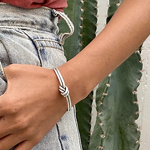 Handmade Sterling Silver Knot Cuff Bracelet, Minimalist Rustic Simple Tied Silver Wires, Adjustable 6 7/8 inches Cuff, Women size M-L, Men size S-M, Gift for Her or Him