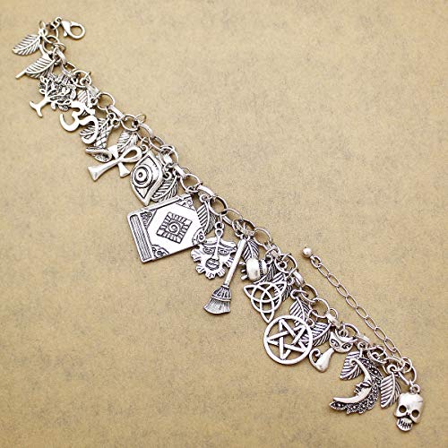 RechicGu Vintage Silver Mythology Fairytale Lucky Charms Cuff Bangle Bracelet Cross Leaf Moon Face Celtic Cat