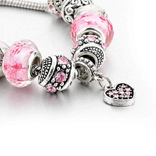 Capital Charms Pink Hearts Silver Plated Charm Bracelet Set, Jewelry Gifts with Beads, Charms, and Adjustable Snake Chain, Fits 7.5"+1.5"