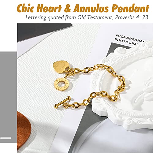 Emibele Heart Charm Bracelet for Women Teen Girls, Bible Verse Bracelets Stainless Steel 18K Gold Plated Bracelet Love Pendant Link Chain OT Clasp, Birthday Christmas Jewelry Gift for Mother Her, Gold