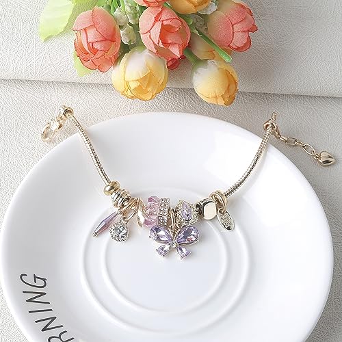 DS Charm Bracelets for girls,exquisite cute cartoon friendship bracelets gold Stainless Steel Bangle with birthday Gift box Adjustable girls jewelry Suitable for holiday gifts Purple Butterfly