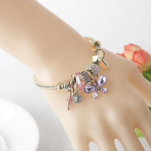 DS Charm Bracelets for girls,exquisite cute cartoon friendship bracelets gold Stainless Steel Bangle with birthday Gift box Adjustable girls jewelry Suitable for holiday gifts Purple Butterfly