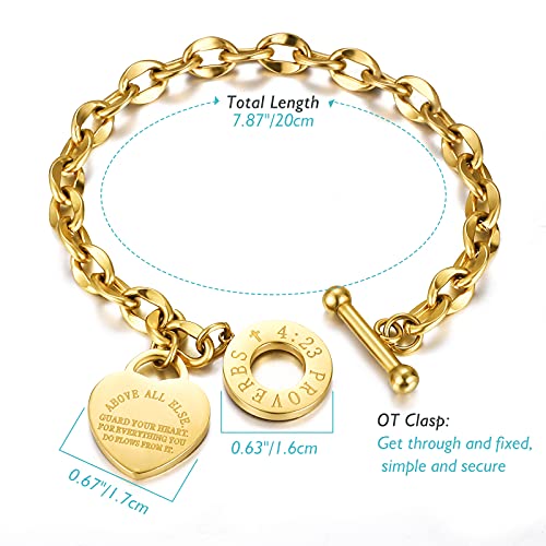 Emibele Heart Charm Bracelet for Women Teen Girls, Bible Verse Bracelets Stainless Steel 18K Gold Plated Bracelet Love Pendant Link Chain OT Clasp, Birthday Christmas Jewelry Gift for Mother Her, Gold