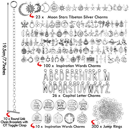 Highergo 469 Pieces Bangles Making Kit, 10 Pieces Round Link Chain Bracelets with OT Toggle Clasp, 159 Pieces Moon Stars Tibetan Silver Charms and 300 Pieces Open Jump Ring for Jewelry Making