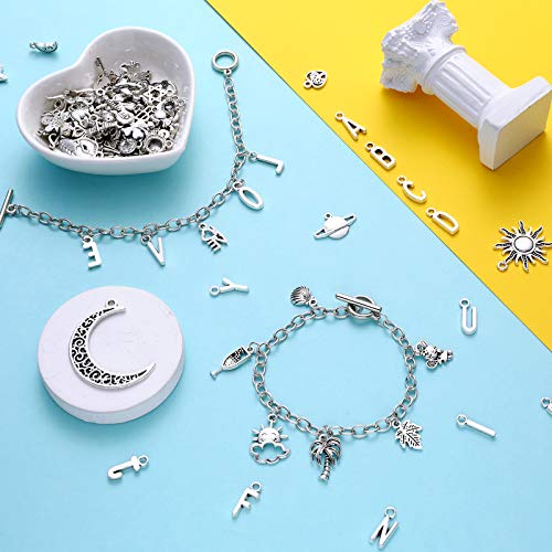 Highergo 469 Pieces Bangles Making Kit, 10 Pieces Round Link Chain Bracelets with OT Toggle Clasp, 159 Pieces Moon Stars Tibetan Silver Charms and 300 Pieces Open Jump Ring for Jewelry Making