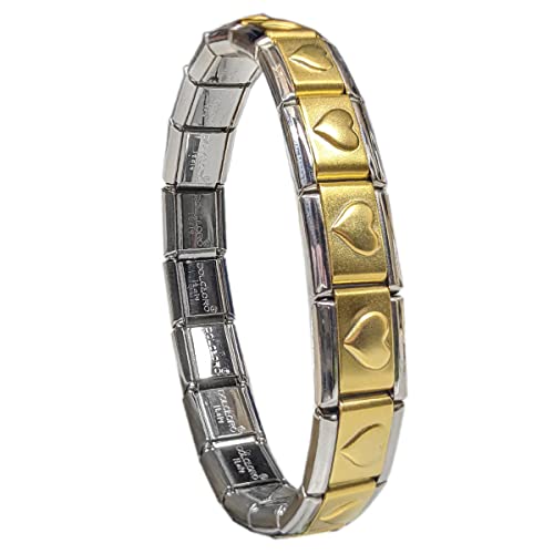 SB-008, Raised Gold Heart Satin Matte Italian Modular Starter Charm Bracelet, 9mm wide Stainless Steel, 18 Links for wrist 6-6 3/8"