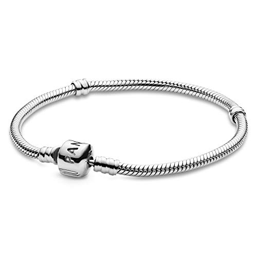 Pandora Moments Logo Barrel Clasp Snake Chain Bracelet - Compatible Moments Charms - Sterling Silver Bracelet for Women - Gift for Her - 7.5"