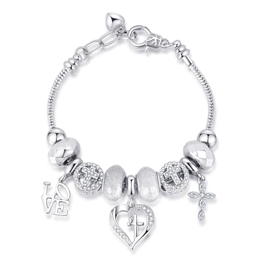 Charm Bracelet for Women Christmas Gifts, with Crystal and Heart Shape Glass Beads Sliver CZ Cross Snake Chain Bracelet, Trendy Charm Bracelet Jewelry Gifts for Women Girls (cross heart)