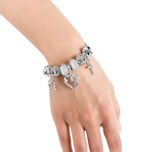 Charm Bracelet for Women Christmas Gifts, with Crystal and Heart Shape Glass Beads Sliver CZ Cross Snake Chain Bracelet, Trendy Charm Bracelet Jewelry Gifts for Women Girls (cross heart)