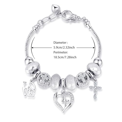 Charm Bracelet for Women Christmas Gifts, with Crystal and Heart Shape Glass Beads Sliver CZ Cross Snake Chain Bracelet, Trendy Charm Bracelet Jewelry Gifts for Women Girls (cross heart)