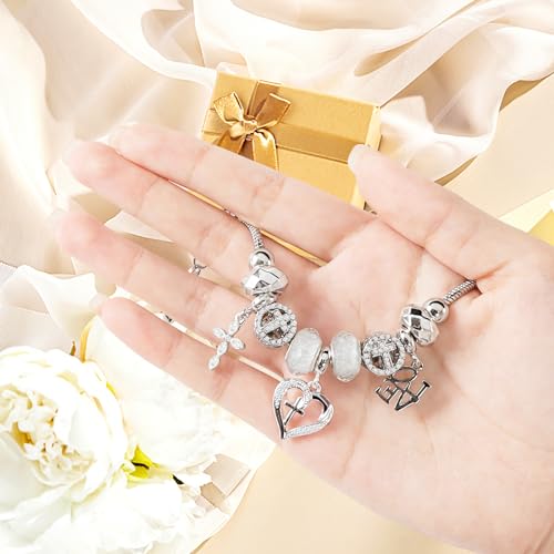 Charm Bracelet for Women Christmas Gifts, with Crystal and Heart Shape Glass Beads Sliver CZ Cross Snake Chain Bracelet, Trendy Charm Bracelet Jewelry Gifts for Women Girls (cross heart)