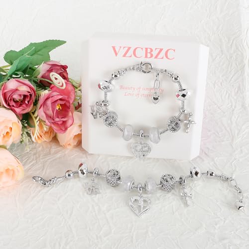 Charm Bracelet for Women Christmas Gifts, with Crystal and Heart Shape Glass Beads Sliver CZ Cross Snake Chain Bracelet, Trendy Charm Bracelet Jewelry Gifts for Women Girls (cross heart)