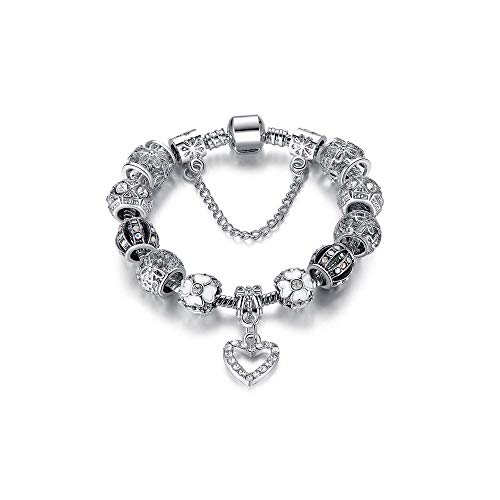 Savlano Silver Tone Heart Charm Bracelet with Crystal and Murano Glass Beads Snake Chain for Women Comes in a Gift Box