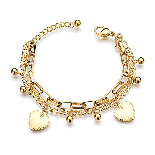 kelistom 316L Stainless Steel Love Heart Charm Bracelet for Women Teen Girls Romantic Gift Silver/Rose/18k Gold Plated OT Clasp Bracelets (2-heart gold)