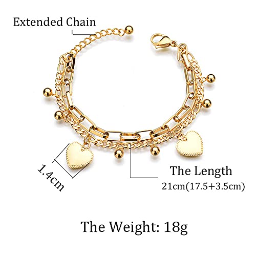 kelistom 316L Stainless Steel Love Heart Charm Bracelet for Women Teen Girls Romantic Gift Silver/Rose/18k Gold Plated OT Clasp Bracelets (2-heart gold)