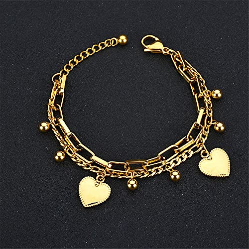 kelistom 316L Stainless Steel Love Heart Charm Bracelet for Women Teen Girls Romantic Gift Silver/Rose/18k Gold Plated OT Clasp Bracelets (2-heart gold)